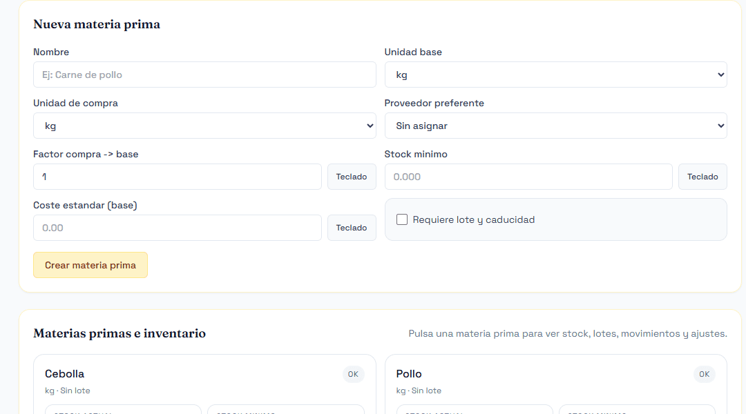 Vista operativa de inventario y materias primas